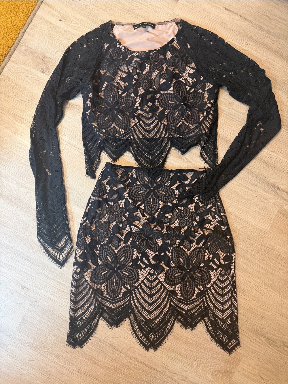 For Love and Lemons - Black Lace Overlay Two-Piece Skirt Set -Top - M, Skirt - S